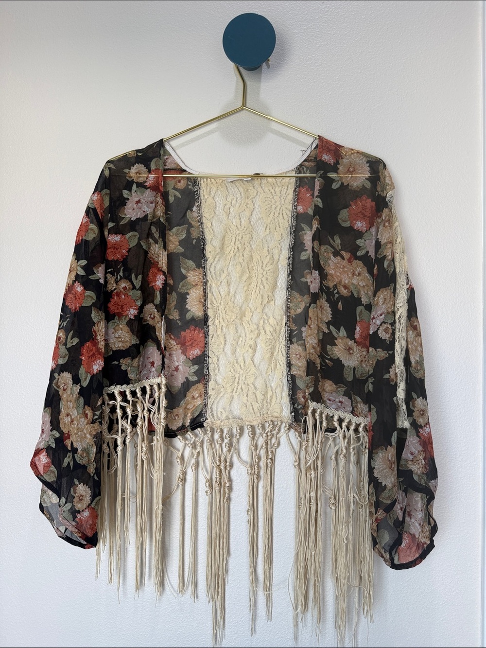 Miss Me Black Sheer Floral Lace Fringe Kimono